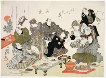 P.61-1938 Przyjęcie malarskie i kaligraficzne w herbaciarni Manpachiro, odbitka towarzysząca patrz 69776, (yoko-e - format poziomy, kolorowy drzeworyt)